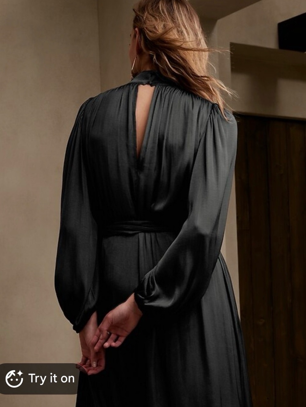 Banana Republic Black Long-Sleeve Maxi Dress with Self-Tie Waist - Picture 2 of 9